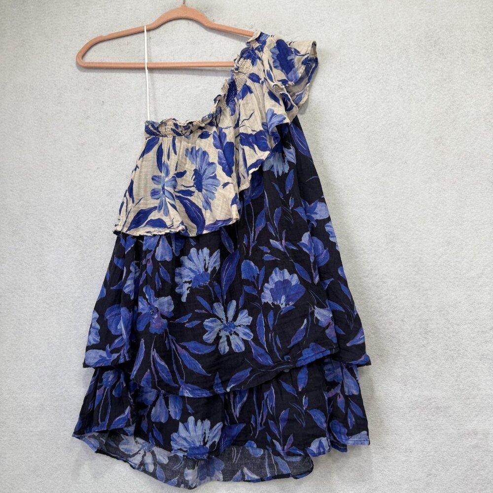 Anthropologie Dress Womens Small Blue Floral One Shoulder Ruffle Tiered Boho